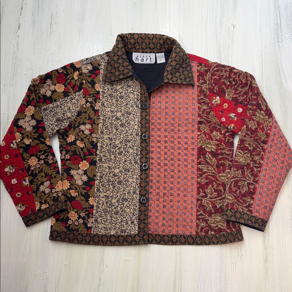 KEREN hart VTG Cotton Boho Multicolor Floral Quilted Patchwork Jacket Sz L